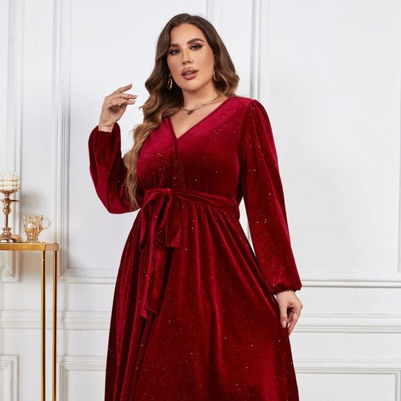 Melo Apparel Plus Size Surplice Neck Balloon Sleeve Tie Belt Midi Dress - Picture 1 of 8